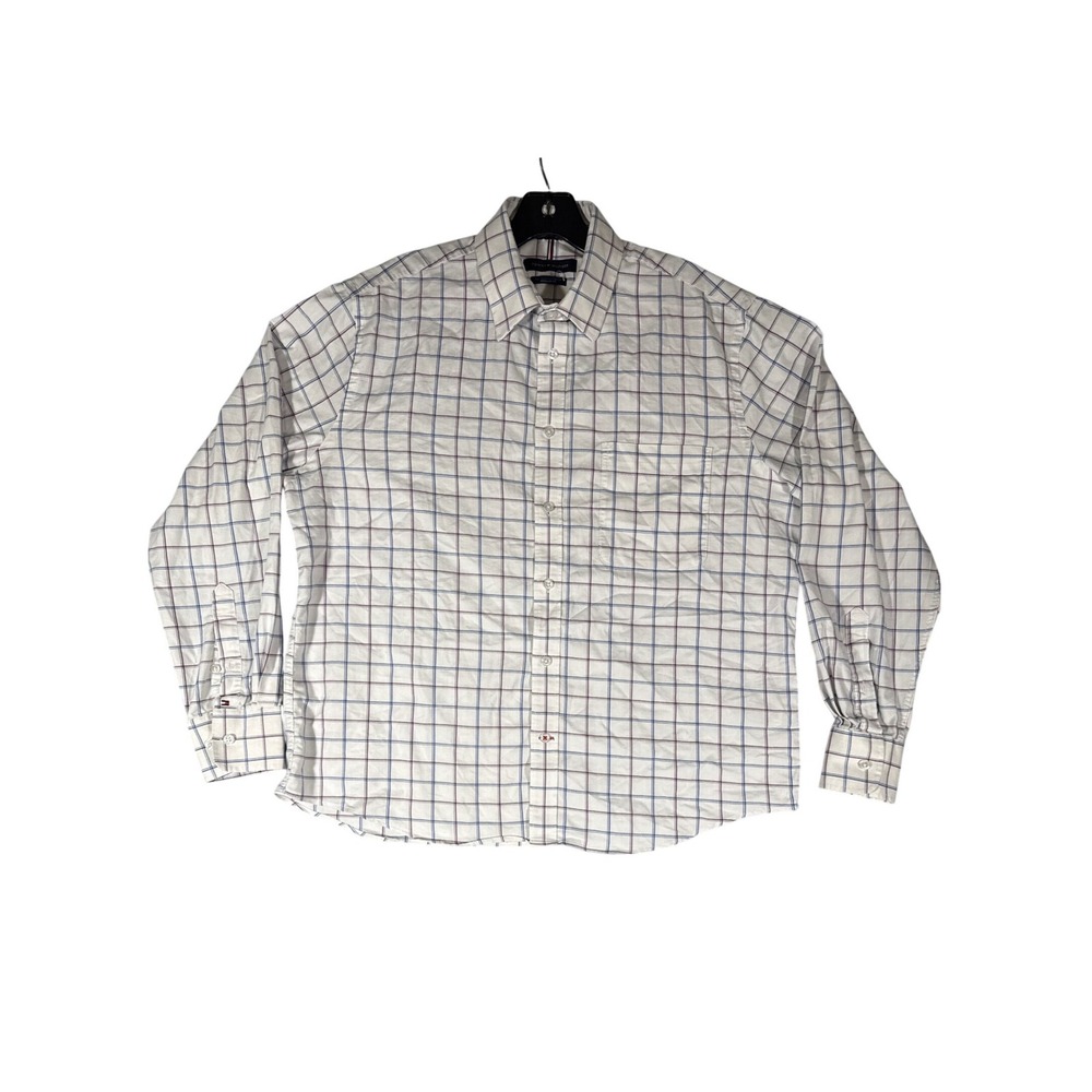Tommy‎ Hilfiger Mens Regular Fit Stretch Button Down Shirt White Blue Red Grid L